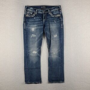 Silver Jeans Womens 27‎ Blue Suki Low Capri Distress Medium Wash Denim